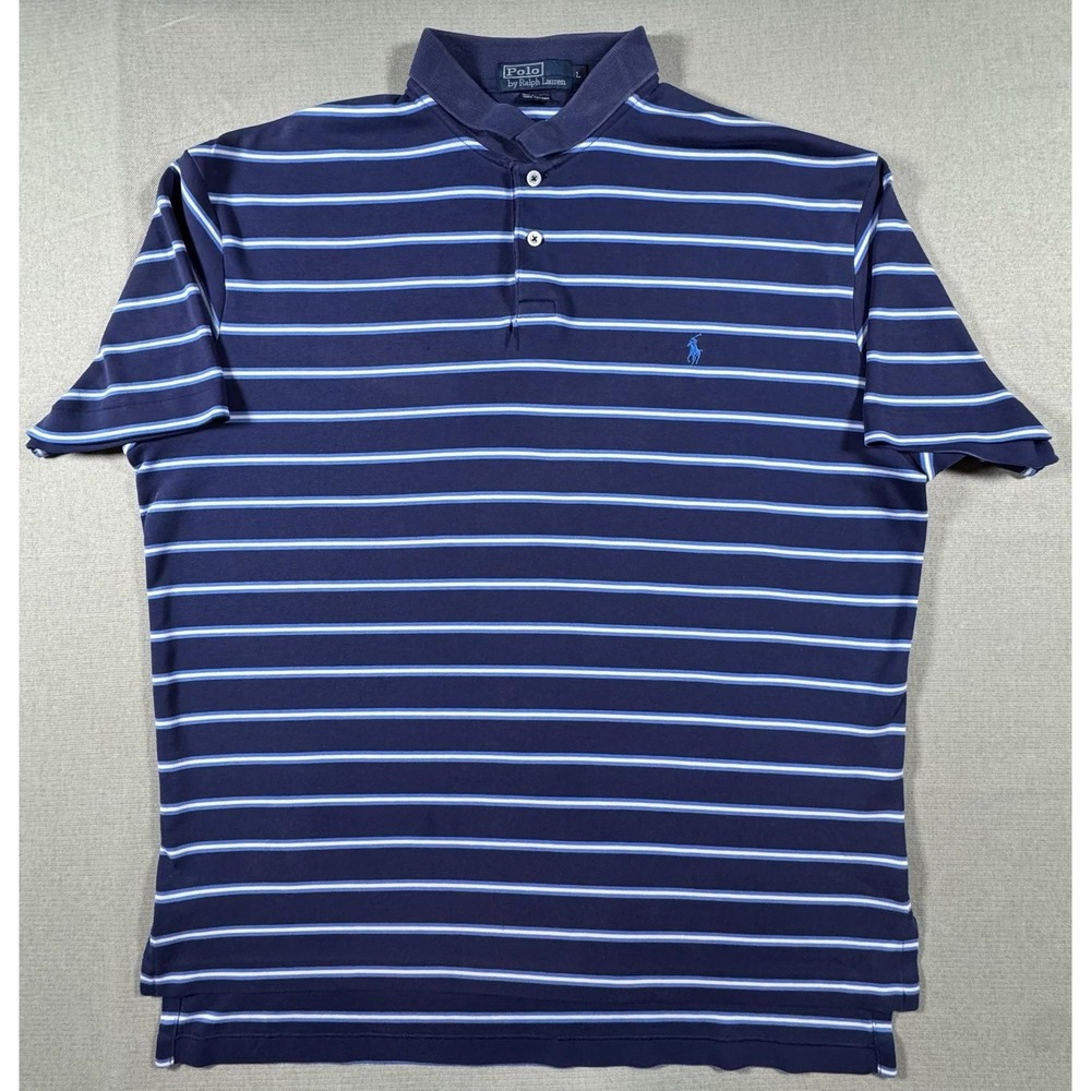 Polo Ralph Lauren‎ Mens Large Blue Striped Jersey Knit Short Sleeve Polo Shirt